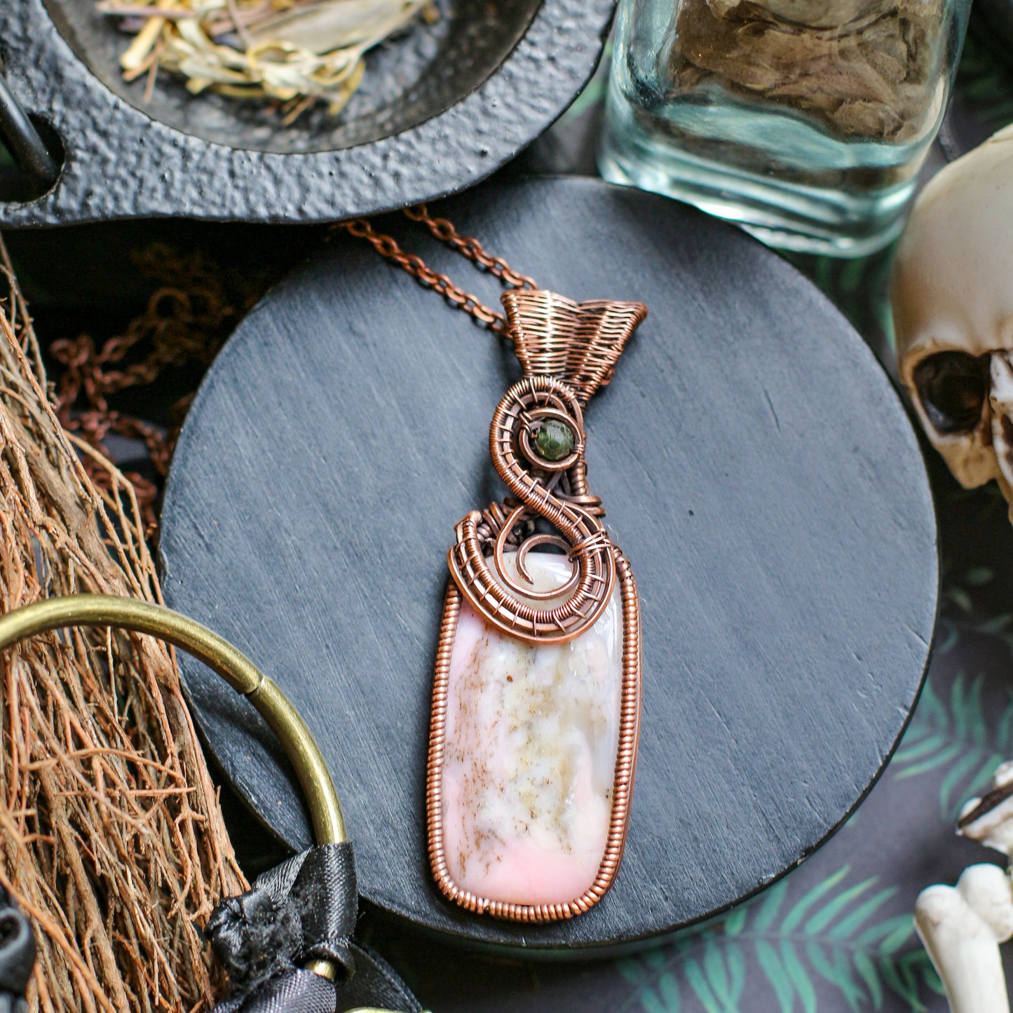 LARGE Pink Opal & Tourmaline Necklace (Aged Copper)