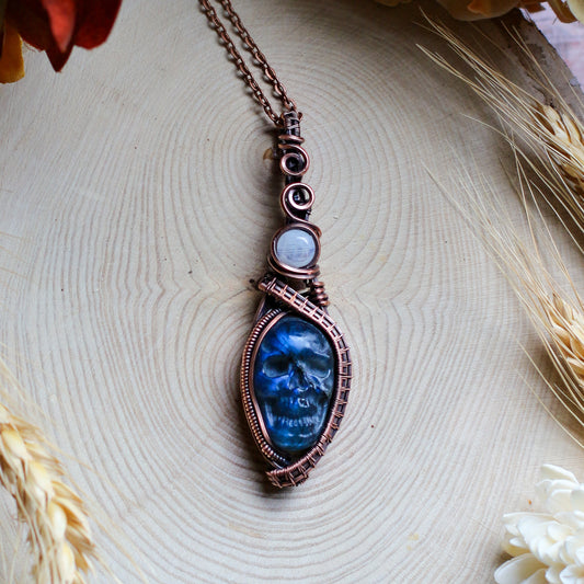 Labradorite & Moonstone Skull Necklace with Aged Copper