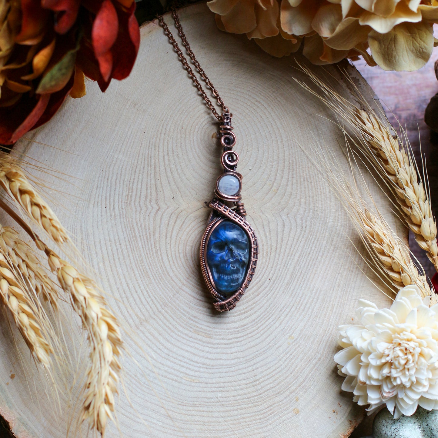 Labradorite & Moonstone Skull Necklace with Aged Copper