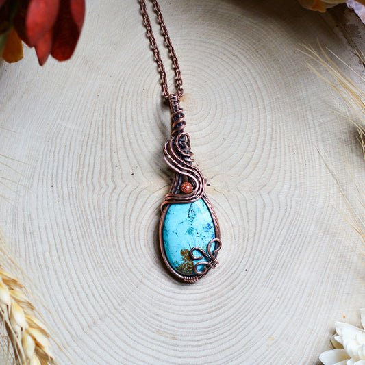 RARE Shattuckite & Red Goldstone Necklace (Aged Copper)