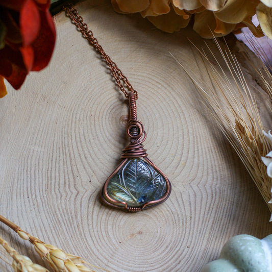 Labradorite Carved Leaf & Aged Copper Necklace