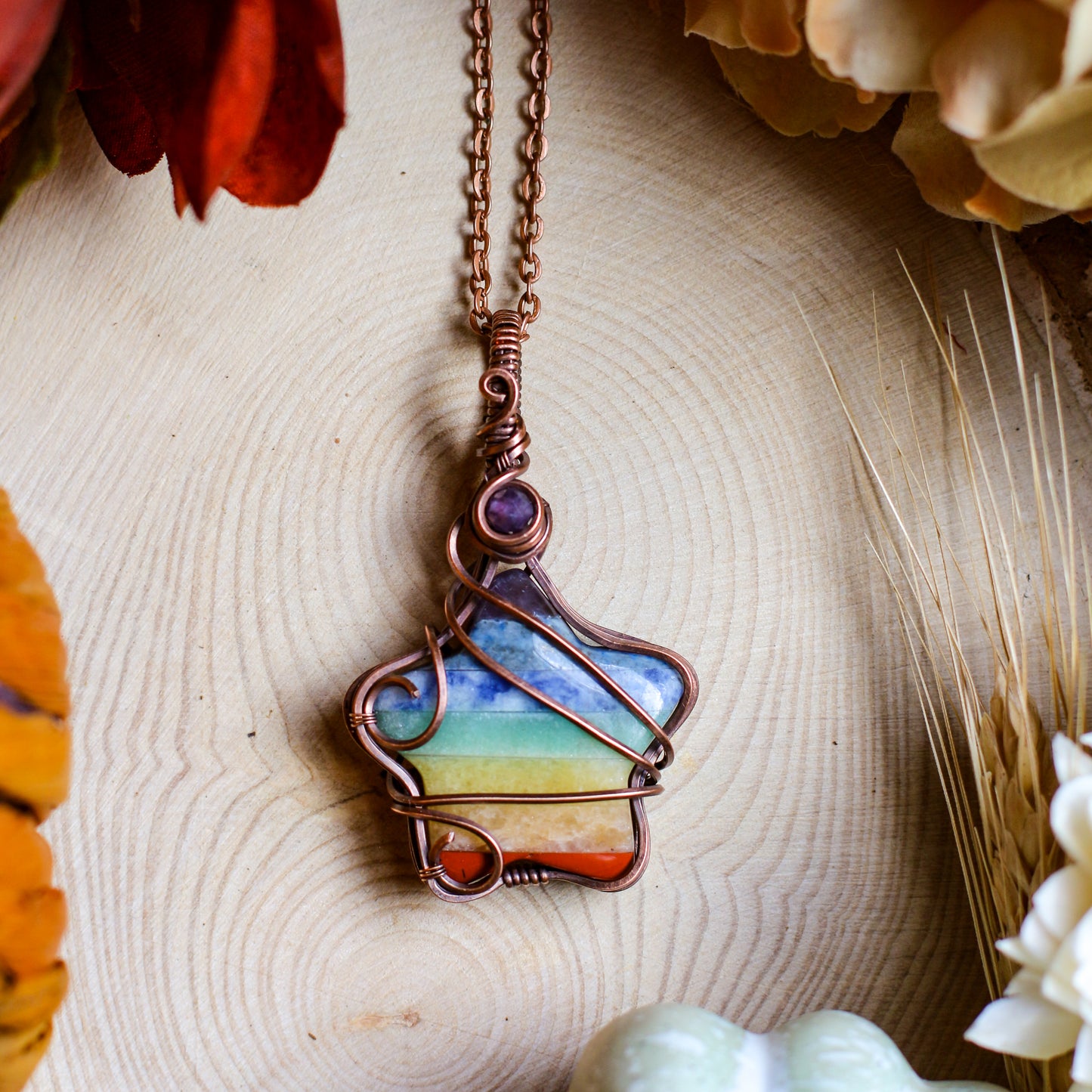 7 Chakra Star Necklace with Amethyst Bead (Aged Copper)
