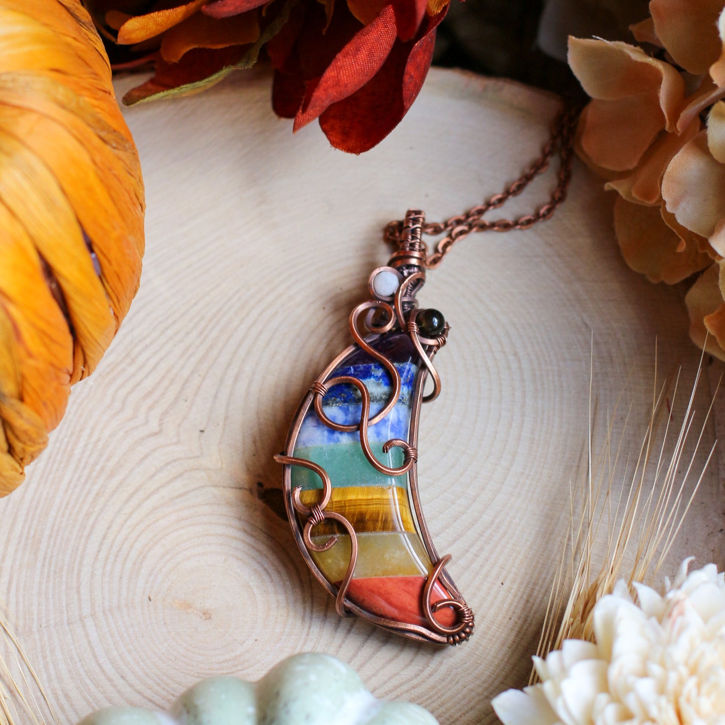 7 Chakra Moon Necklace with Moonstone & Obsidian (Aged Copper)