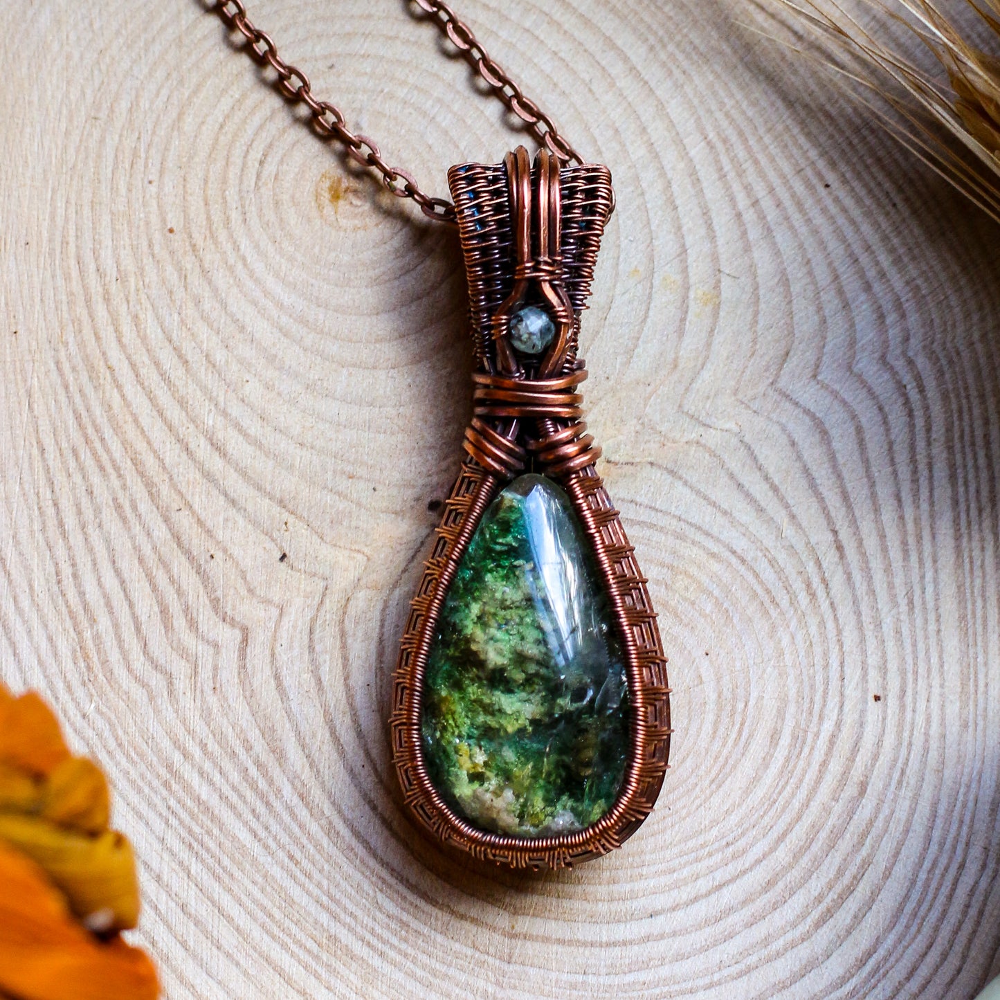 HIGH QUALITY Green Garden "Ghost" Quartz & Aged Copper Necklace