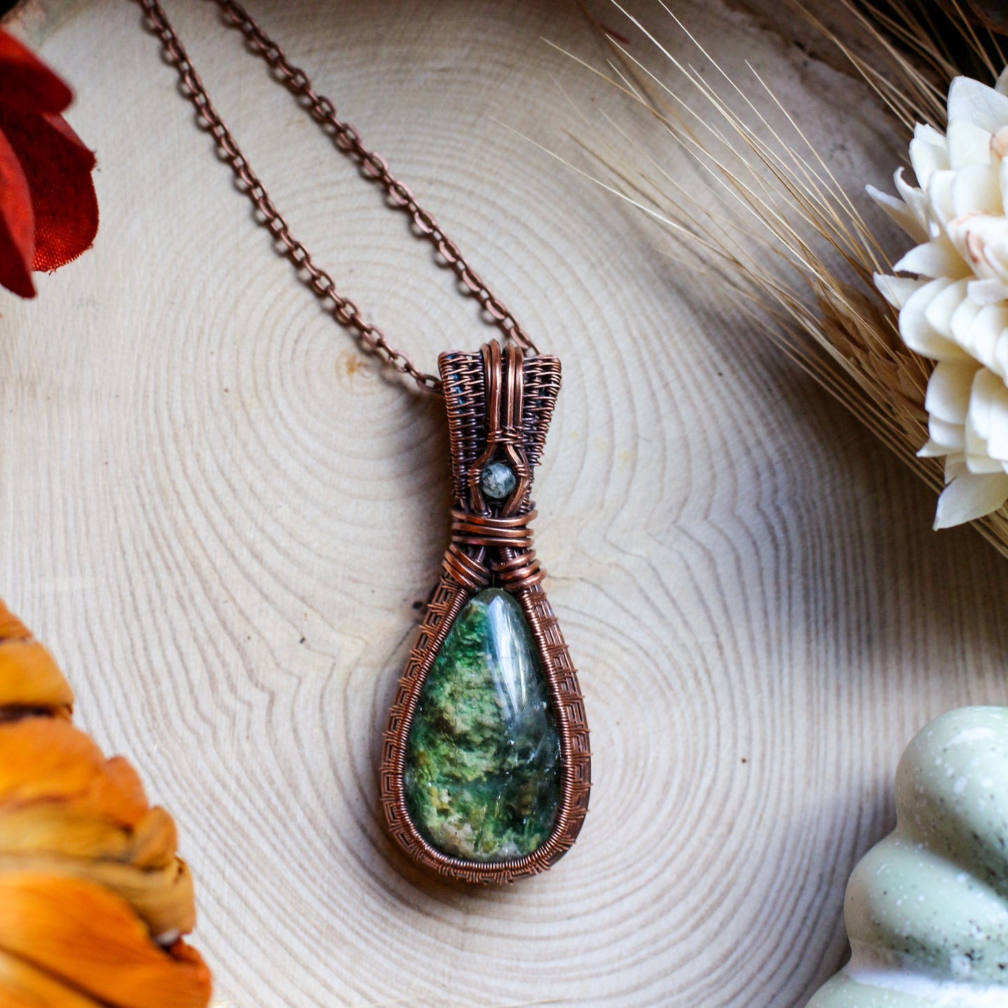 HIGH QUALITY Green Garden "Ghost" Quartz & Aged Copper Necklace