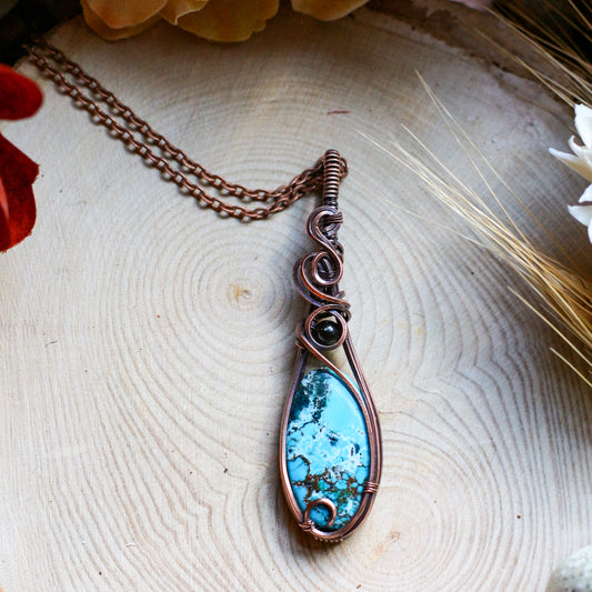 Magnesite Turquoise & Obsidian Necklace (Aged Copper)