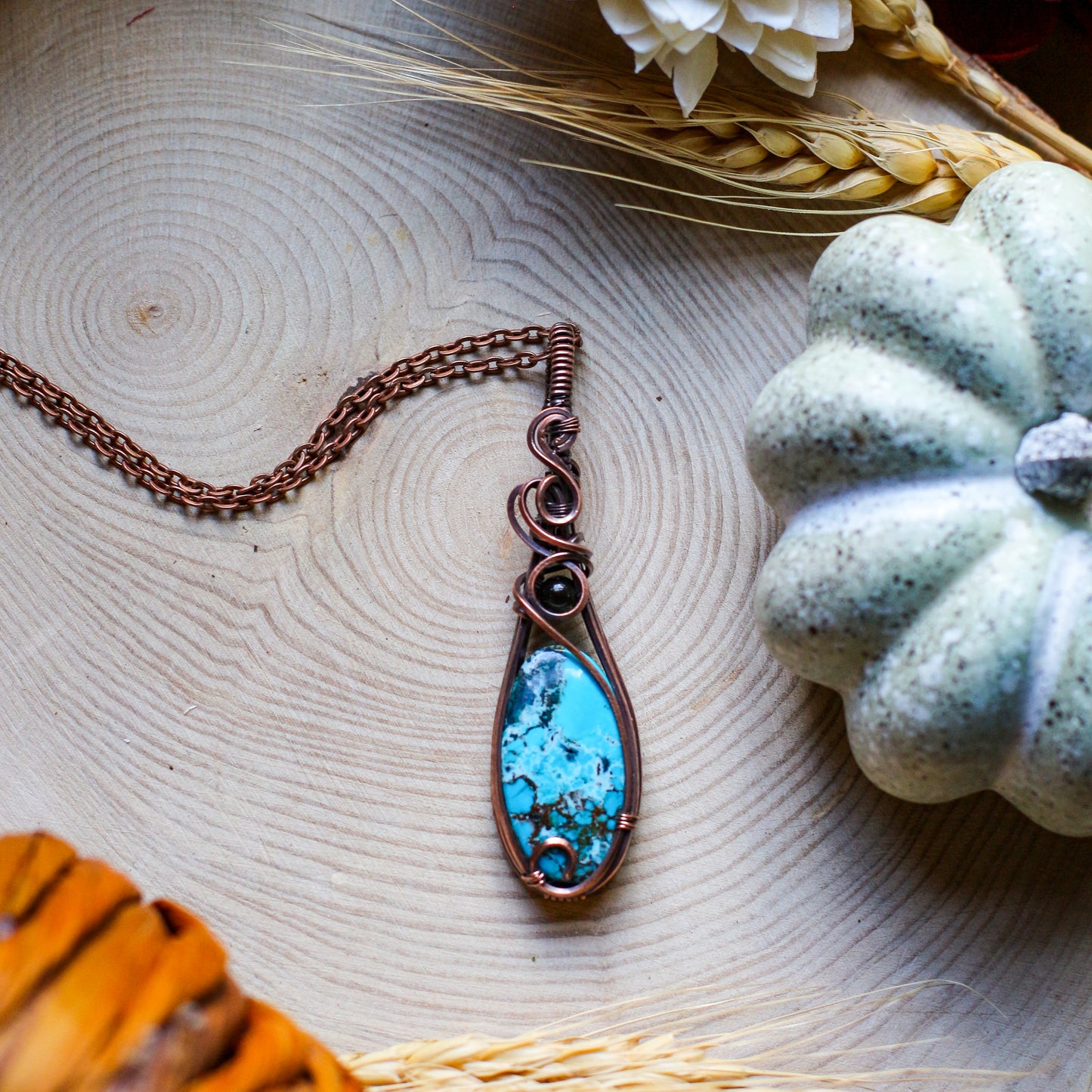 Magnesite Turquoise & Obsidian Necklace (Aged Copper)