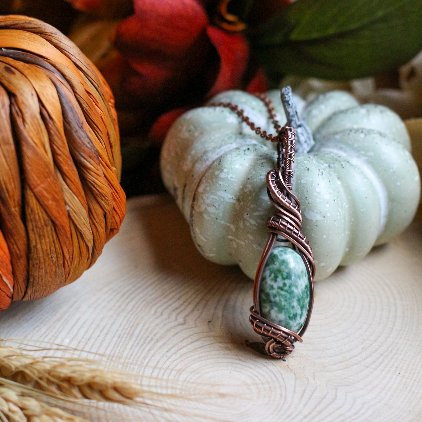 Green Tree Agate & Aged Copper Necklace