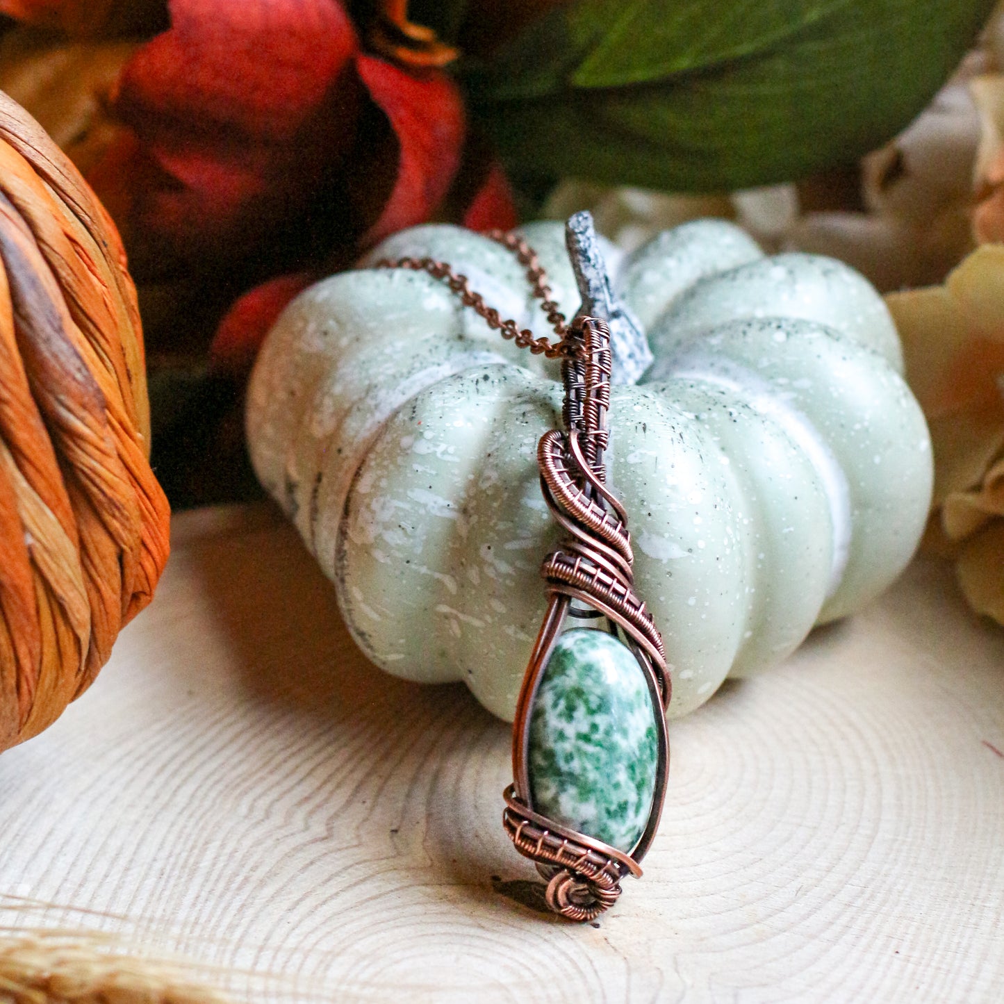 Green Tree Agate & Aged Copper Necklace