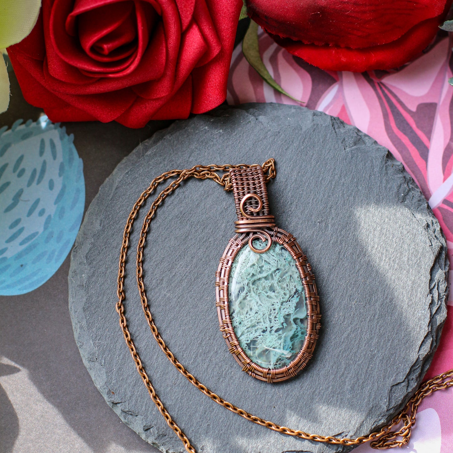 Moss Agate & Aged Copper Necklace