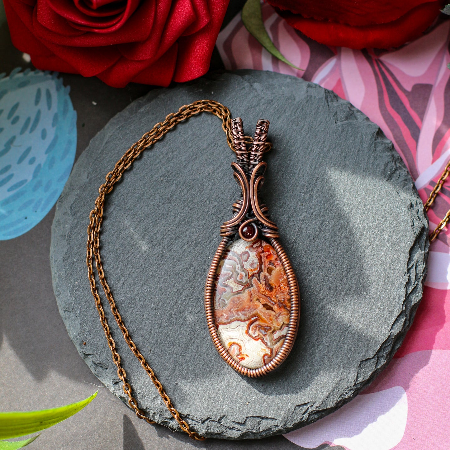 Crazy Lace Agate & Garnet Necklace (Aged Copper)