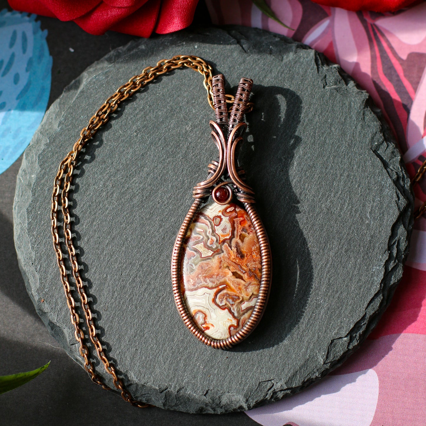 Crazy Lace Agate & Garnet Necklace (Aged Copper)