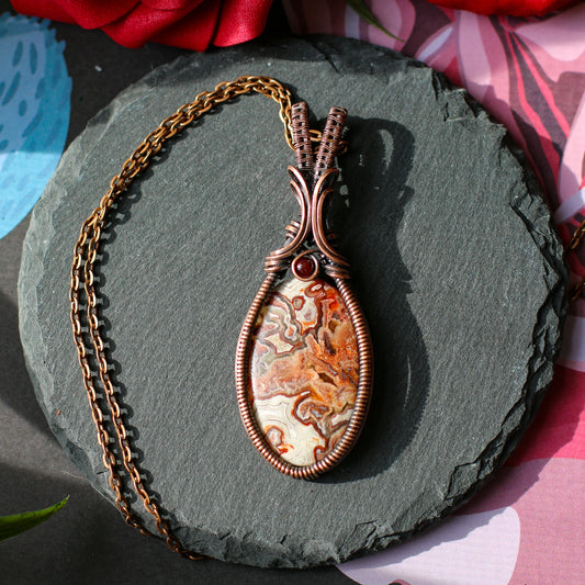 Crazy Lace Agate & Garnet Necklace (Aged Copper)