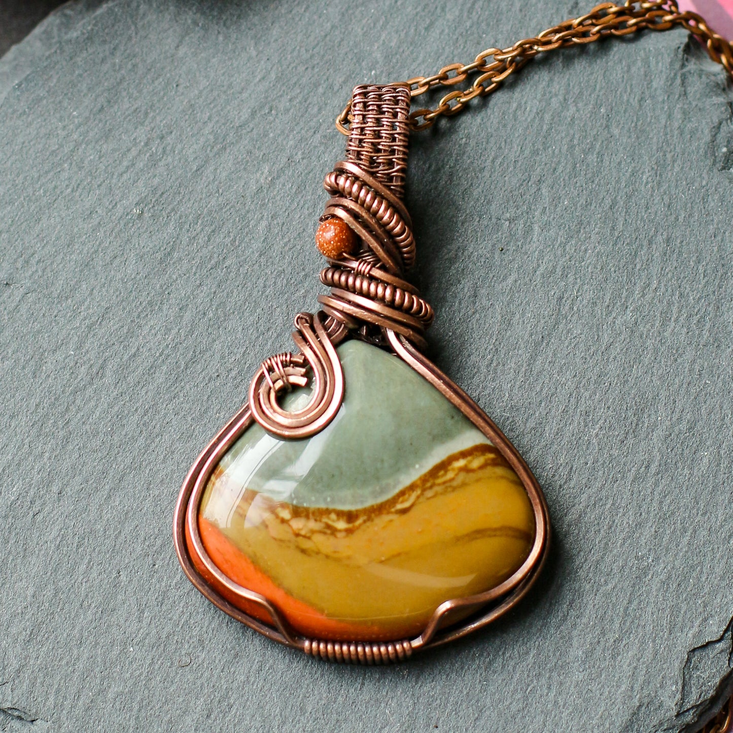 Large Polychrome Jasper & Red Goldstone Necklace (Aged Copper)
