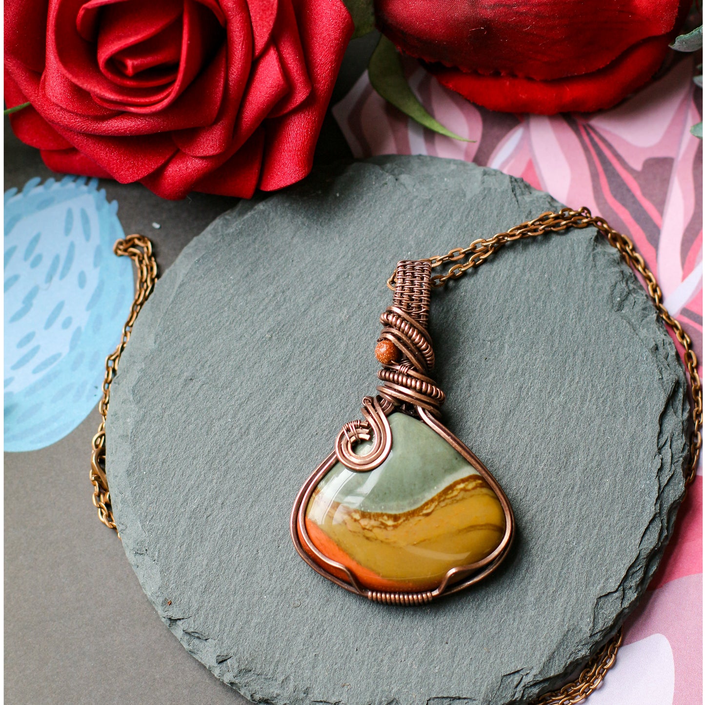 Large Polychrome Jasper & Red Goldstone Necklace (Aged Copper)