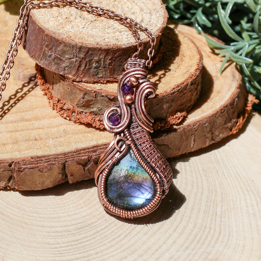 FLASHY High Quality Rainbow Labradorite & Fluorite Necklace (Aged Copper)