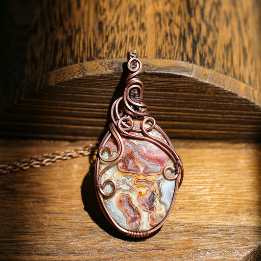 Large Crazy Lace Agate Statement Necklace (Aged Copper Wire)