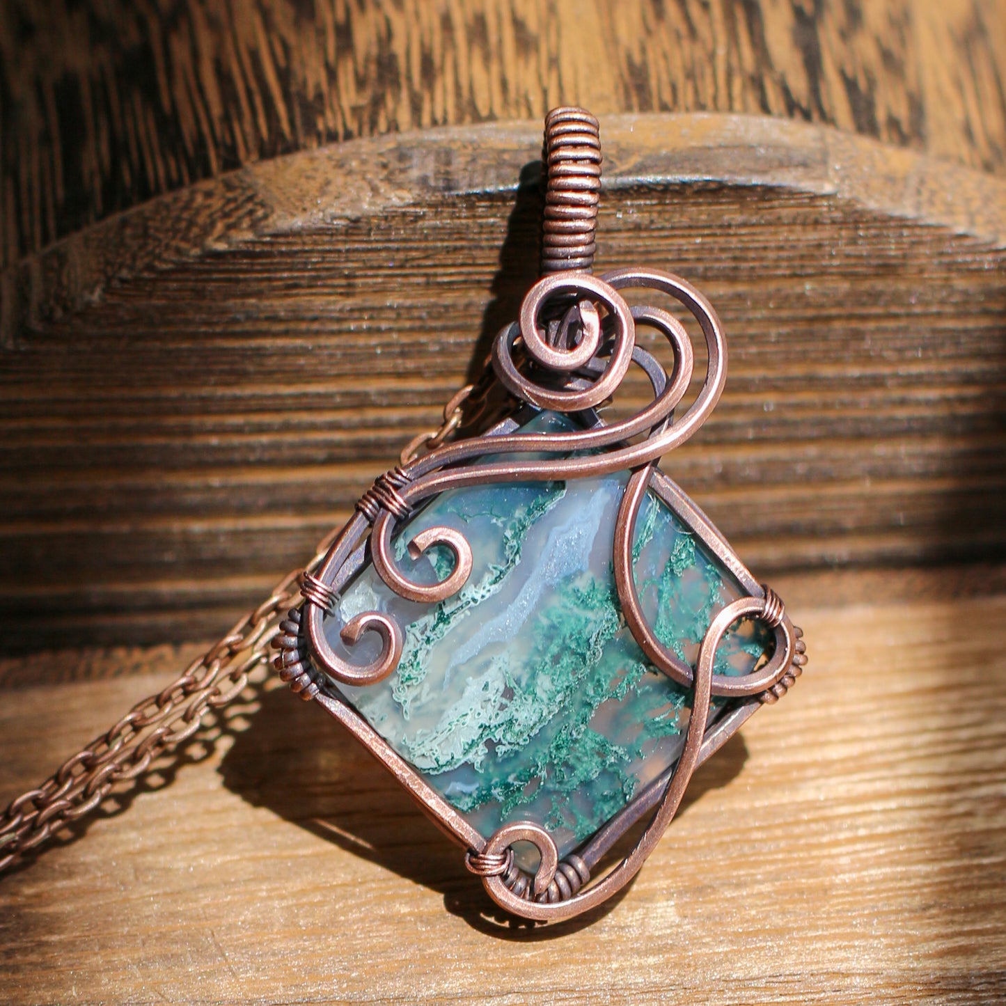 High Quality Moss Agate & Aged Copper Necklace