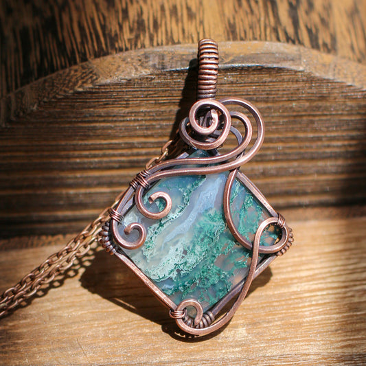High Quality Moss Agate & Aged Copper Necklace