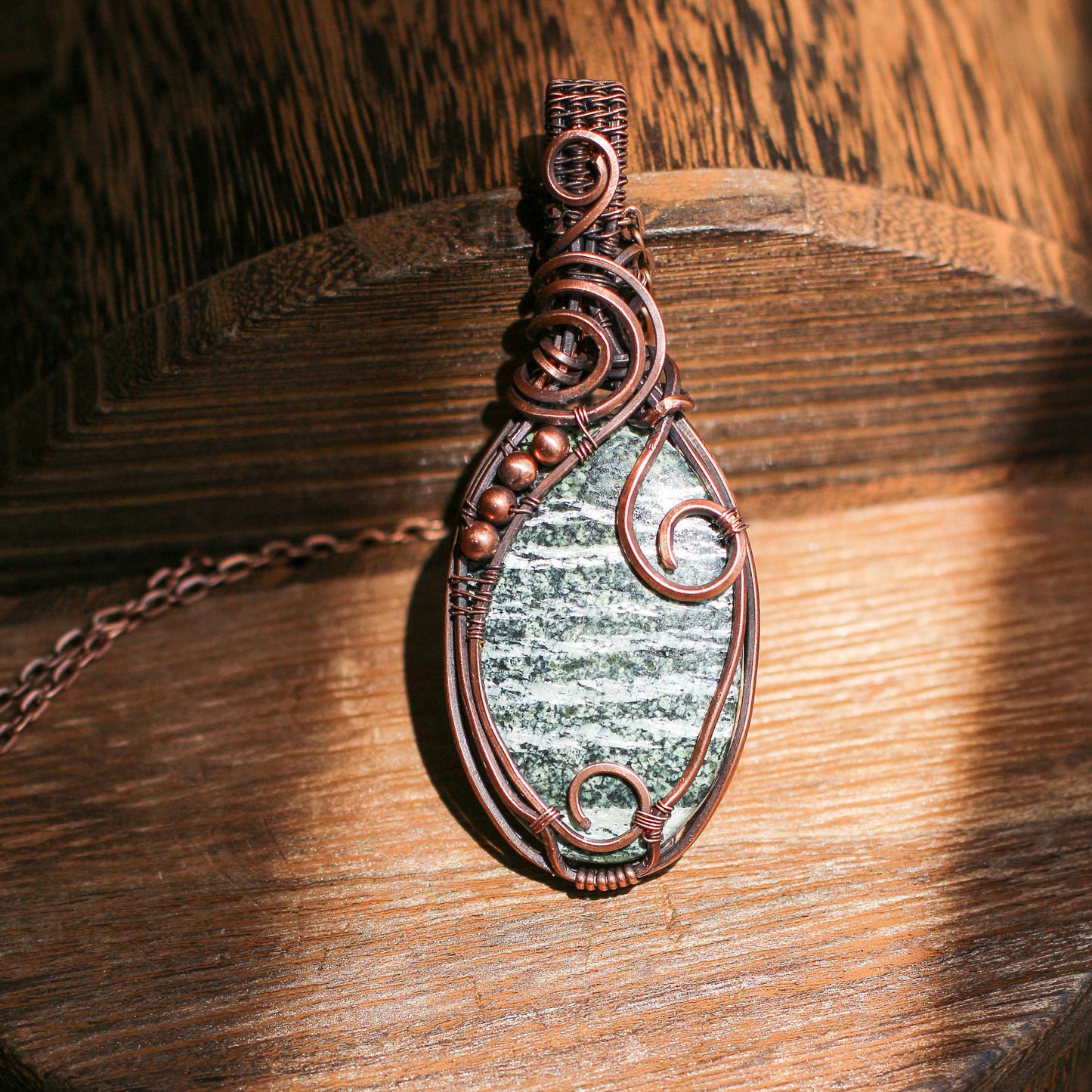 Special Green Swiss Opal Necklace with Aged Copper Wire