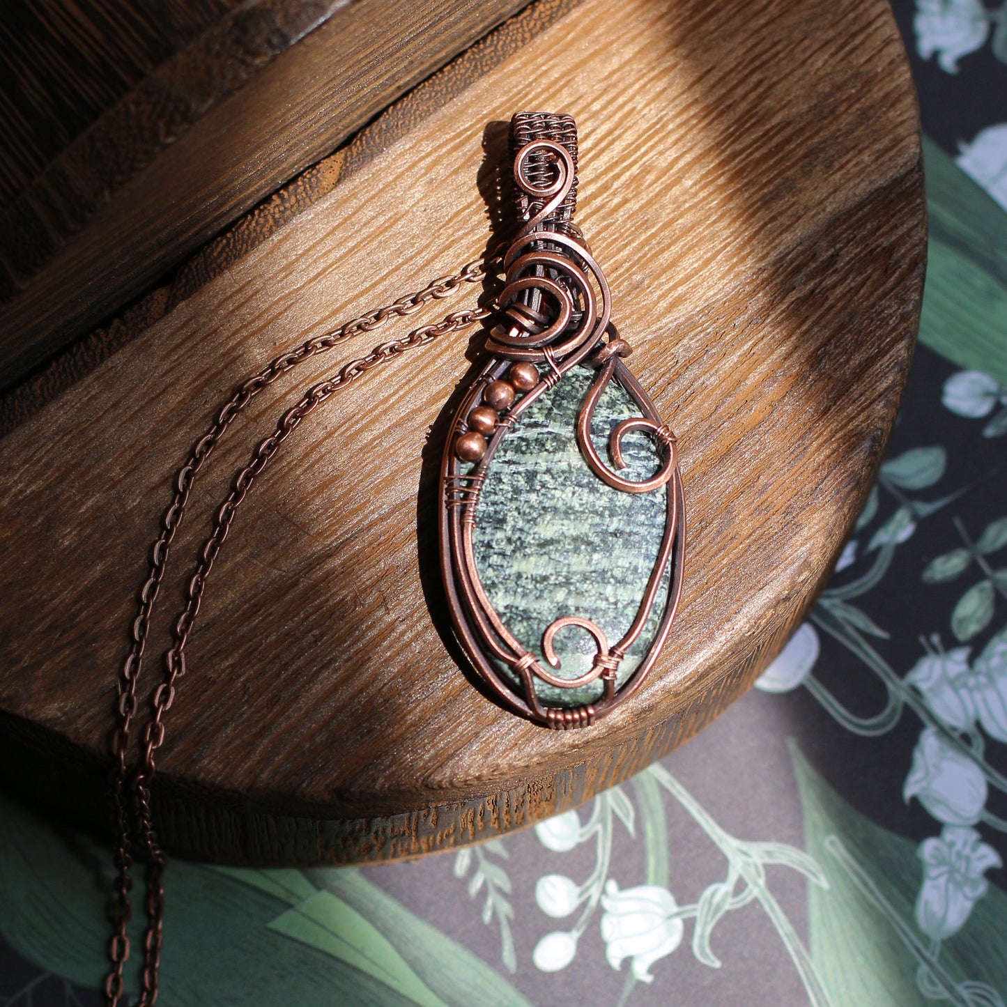 Special Green Swiss Opal Necklace with Aged Copper Wire