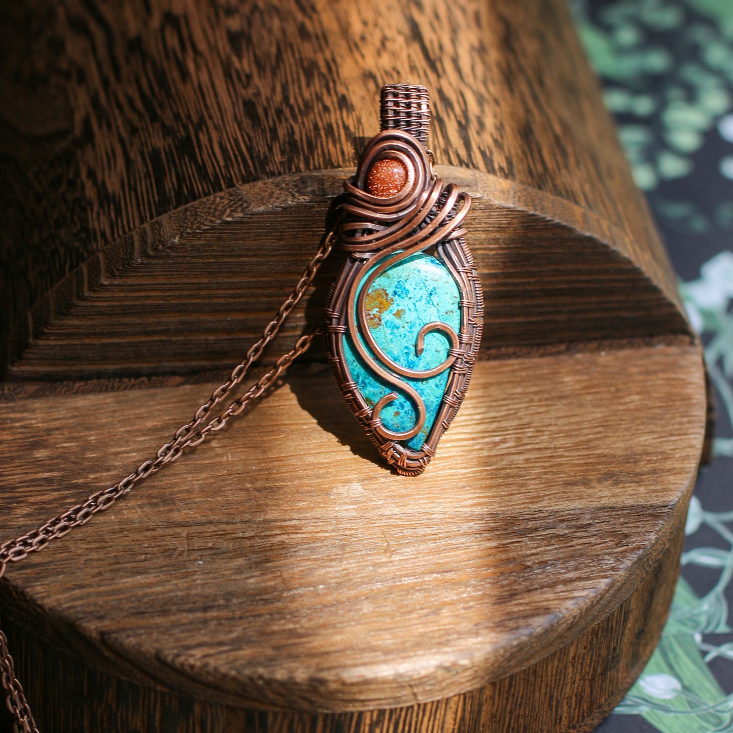 RARE Shattuckite & Red Goldstone Necklace (Aged Copper)