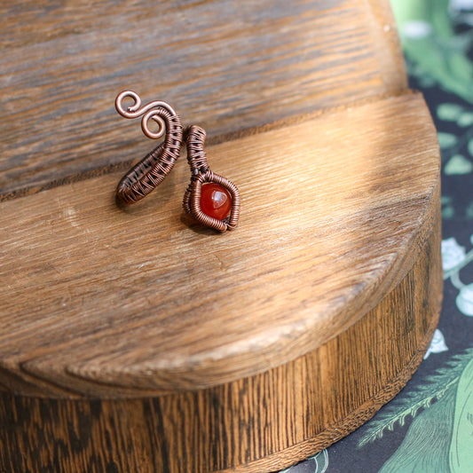 Carnelian & Aged Copper Adjustable Snake Ring (Size 6 - 8 )