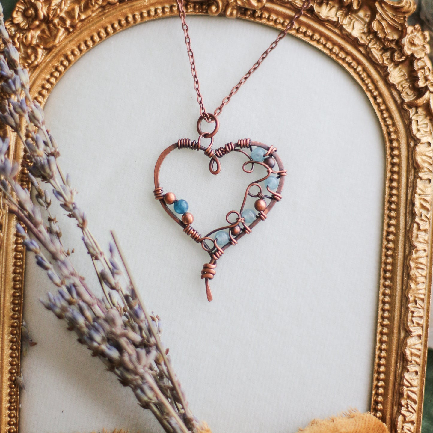 Aquamarine & Aged Copper Heart Necklace