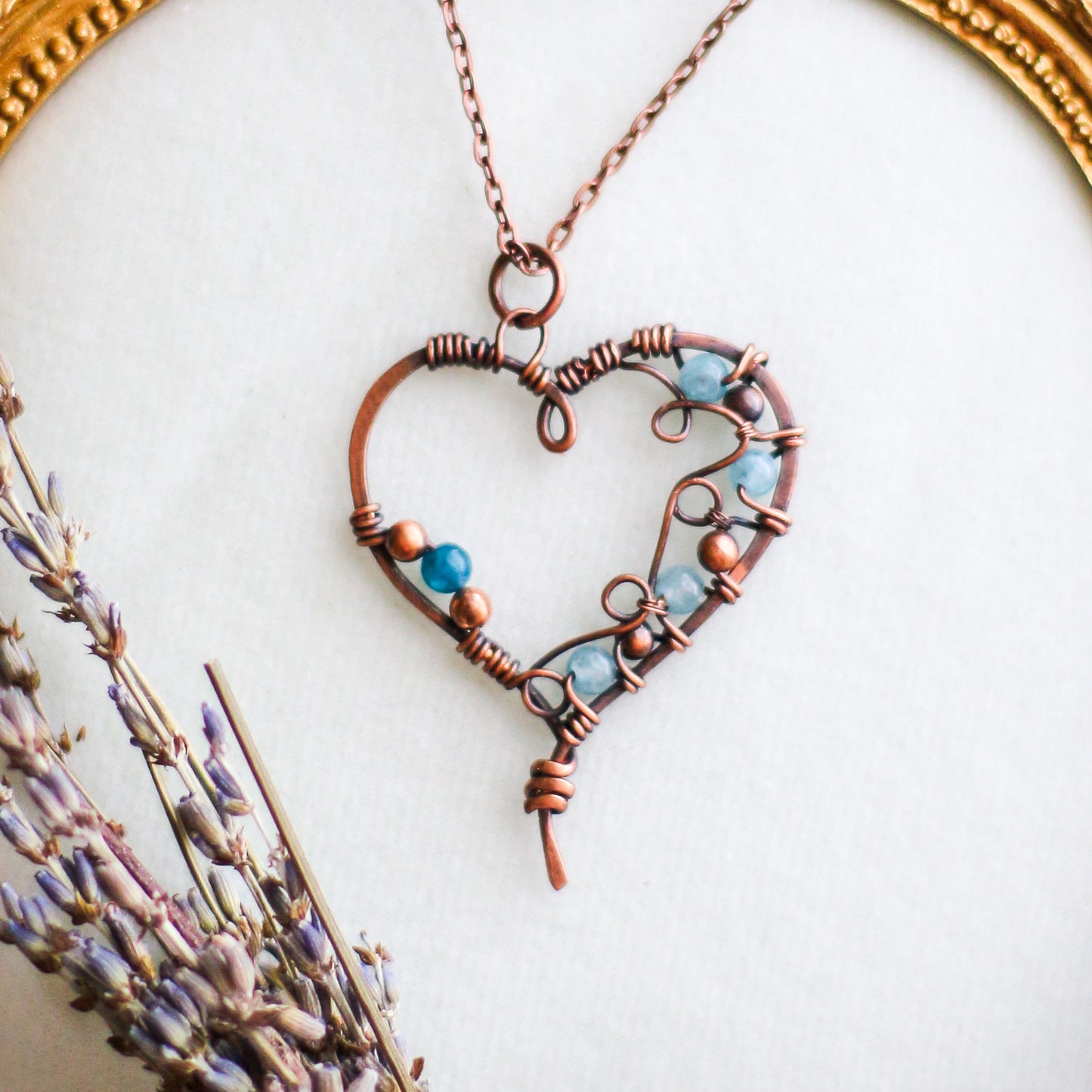 Aquamarine & Aged Copper Heart Necklace