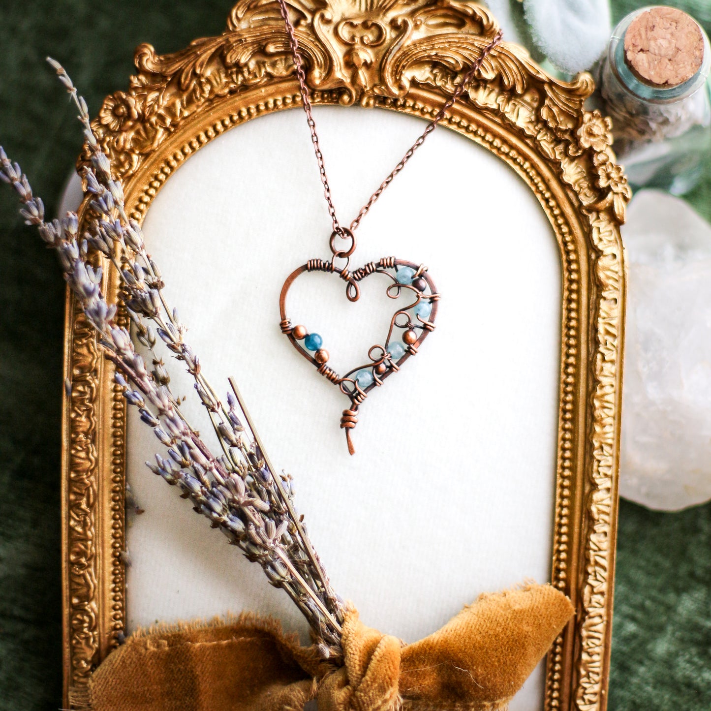 Aquamarine & Aged Copper Heart Necklace