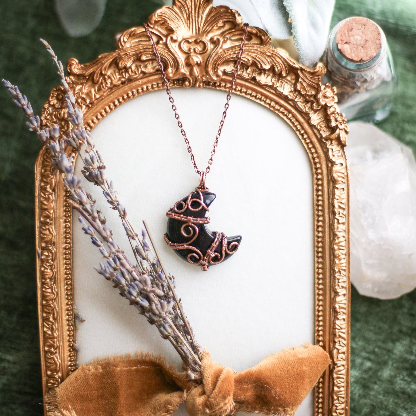 Obsidian & Aged Copper Moon Necklace