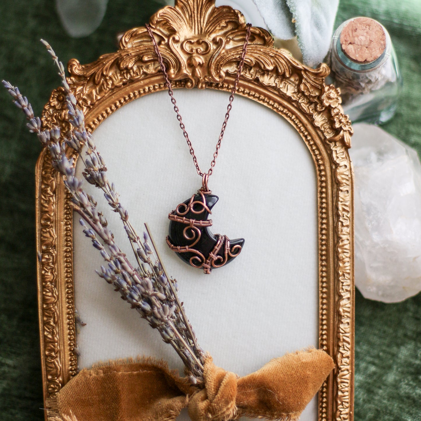 Obsidian & Aged Copper Moon Necklace
