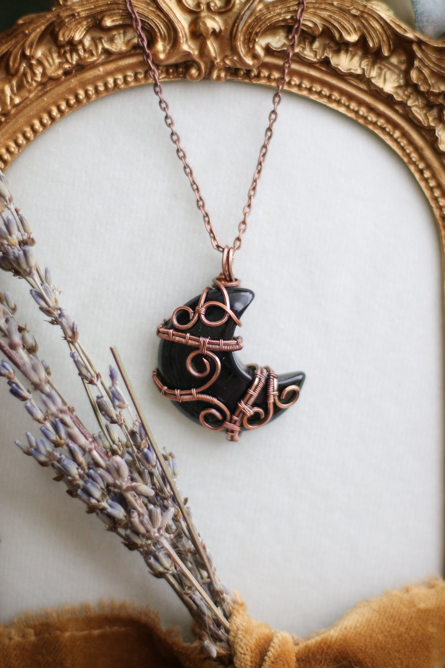 Obsidian & Aged Copper Moon Necklace