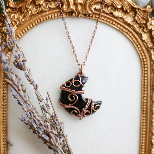 Obsidian & Aged Copper Moon Necklace