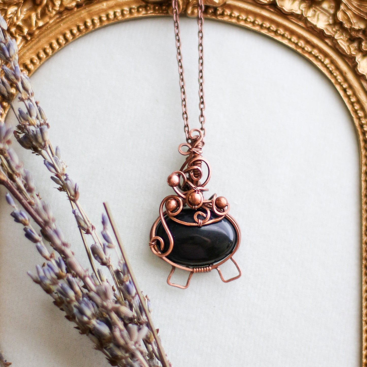 Obsidian Bubble Cauldron Necklace (Aged Copper)