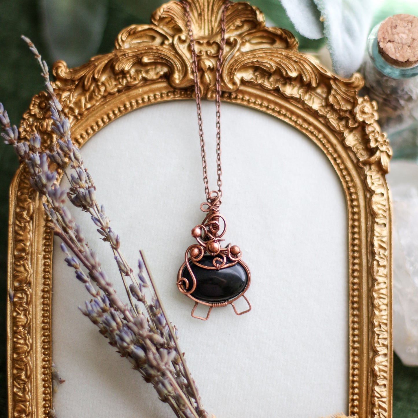 Obsidian Bubble Cauldron Necklace (Aged Copper)