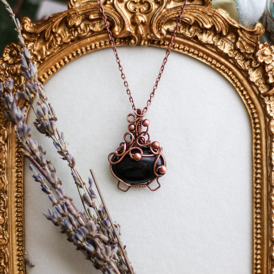 Obsidian Bubble Cauldron Necklace (Aged Copper)