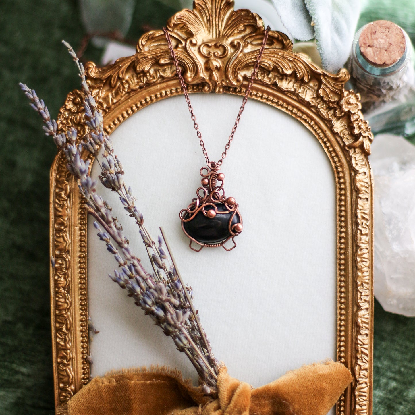 Obsidian Bubble Cauldron Necklace (Aged Copper)