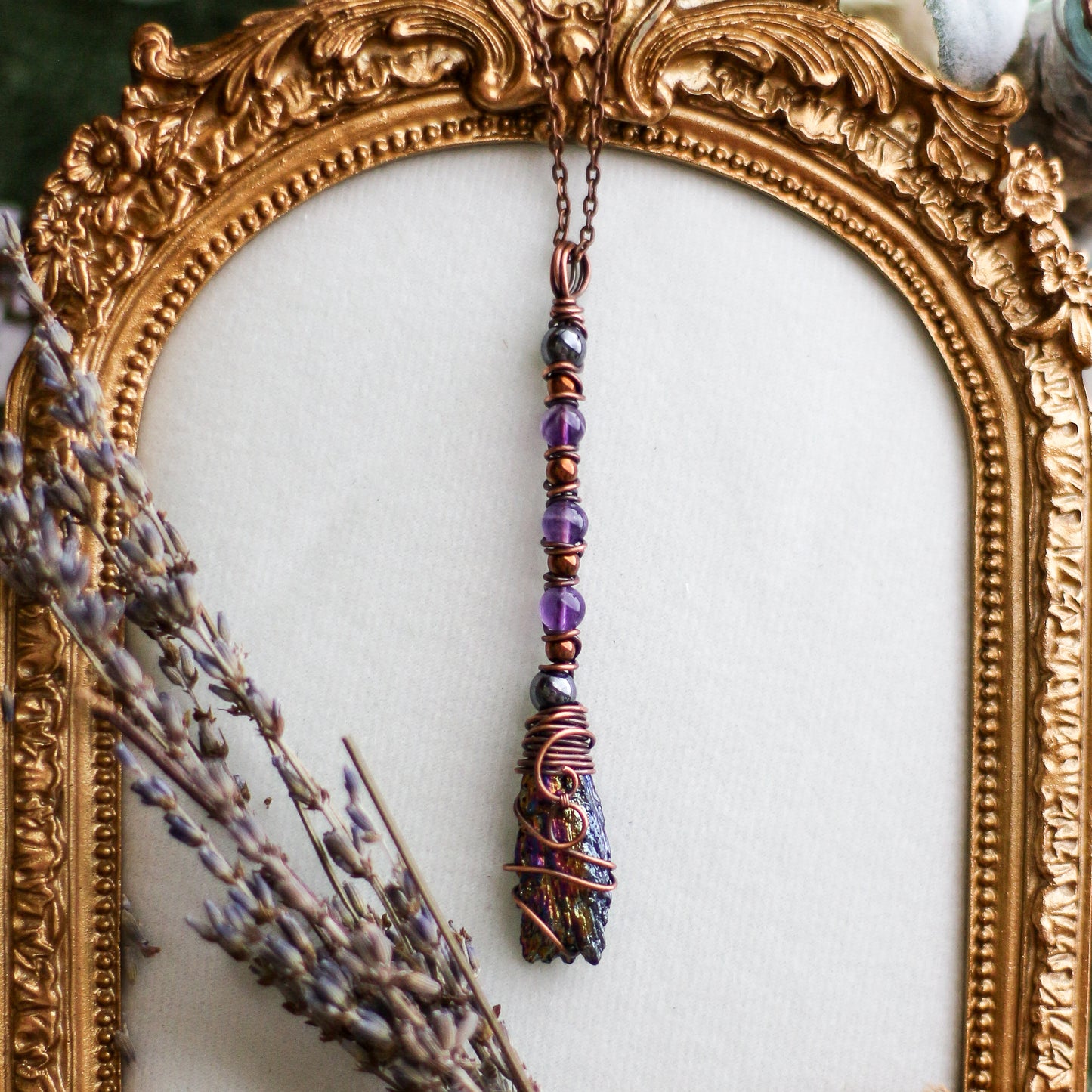 Aura Kyanite Witches Broom Necklace (Aged Copper)