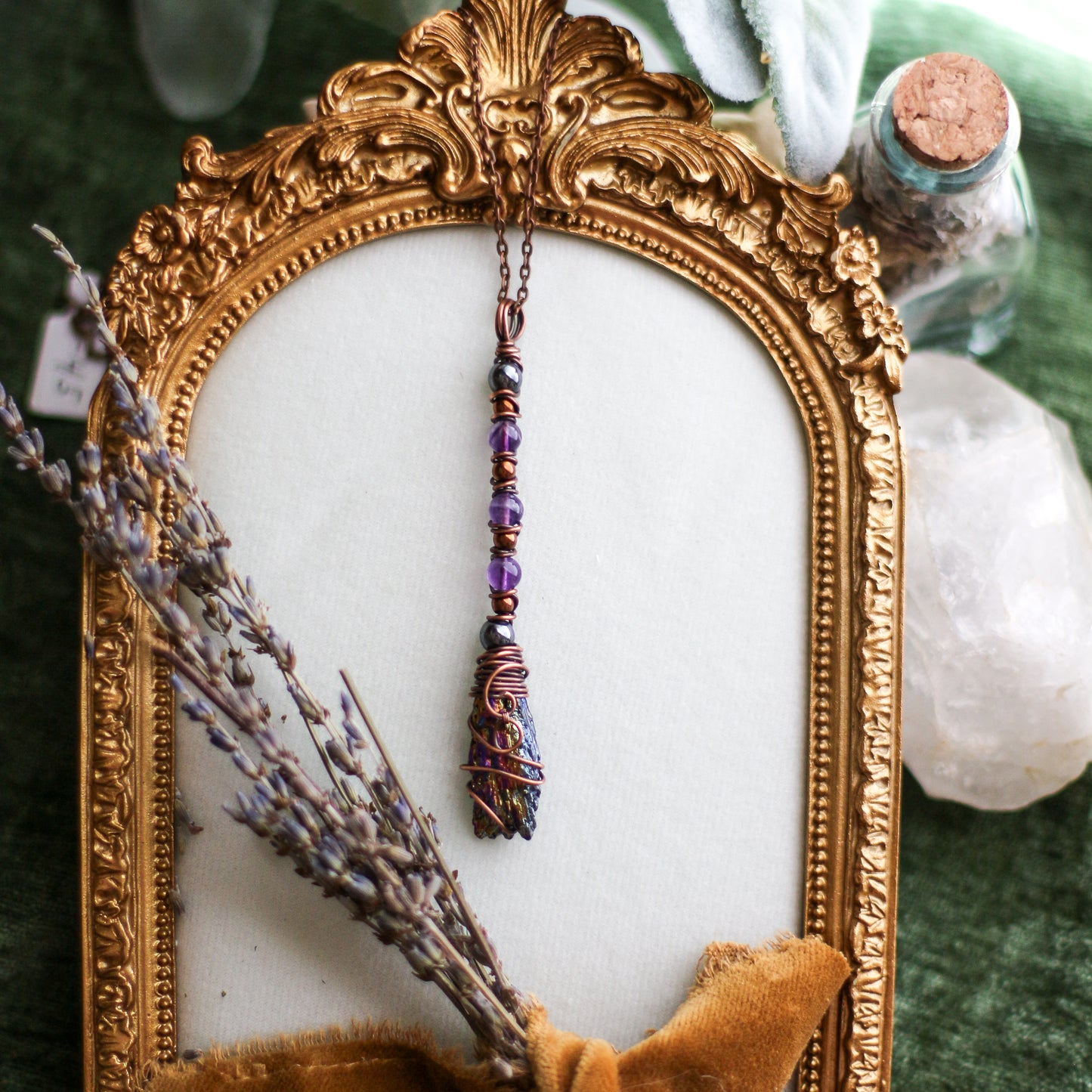 Aura Kyanite Witches Broom Necklace (Aged Copper)