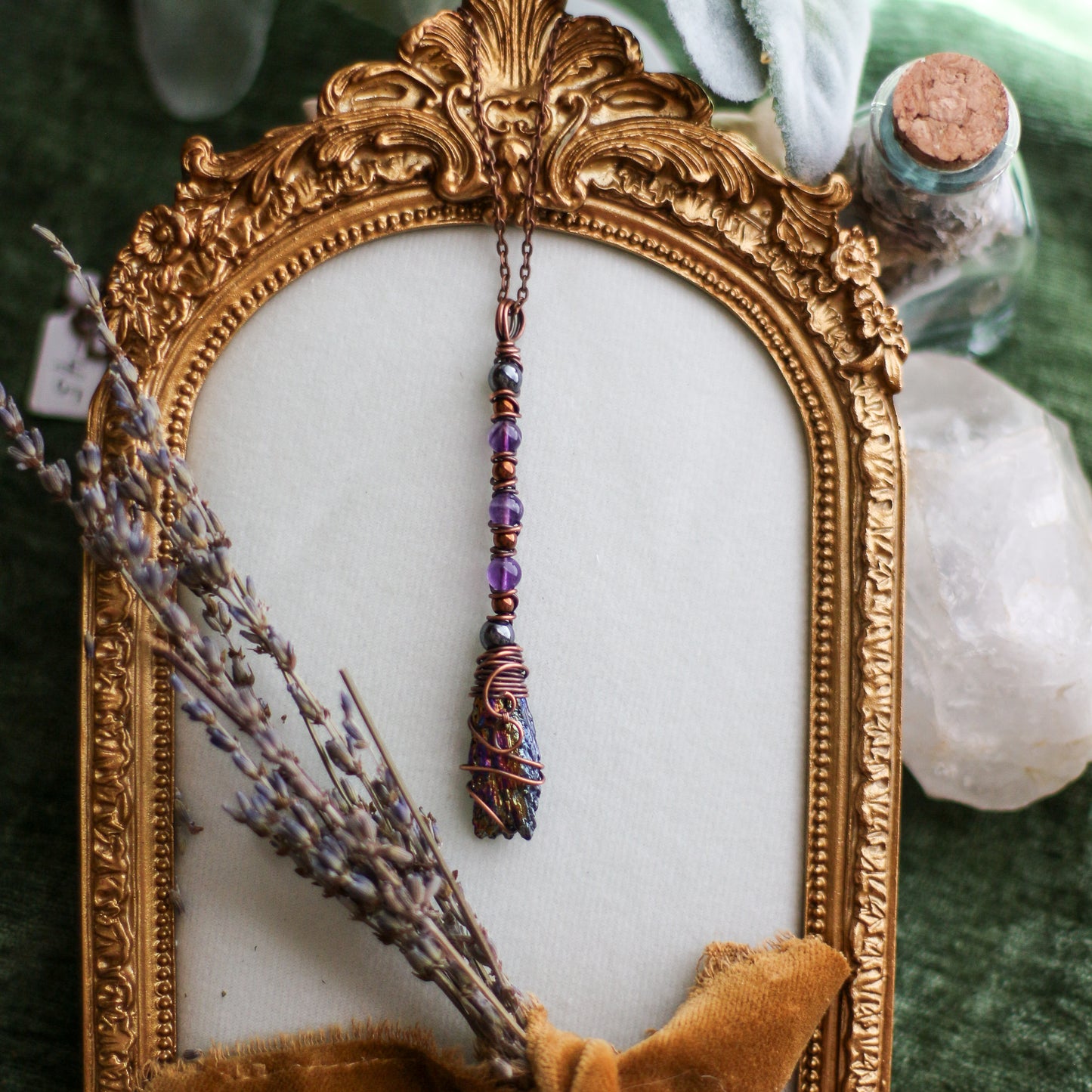 Aura Kyanite Witches Broom Necklace (Aged Copper)