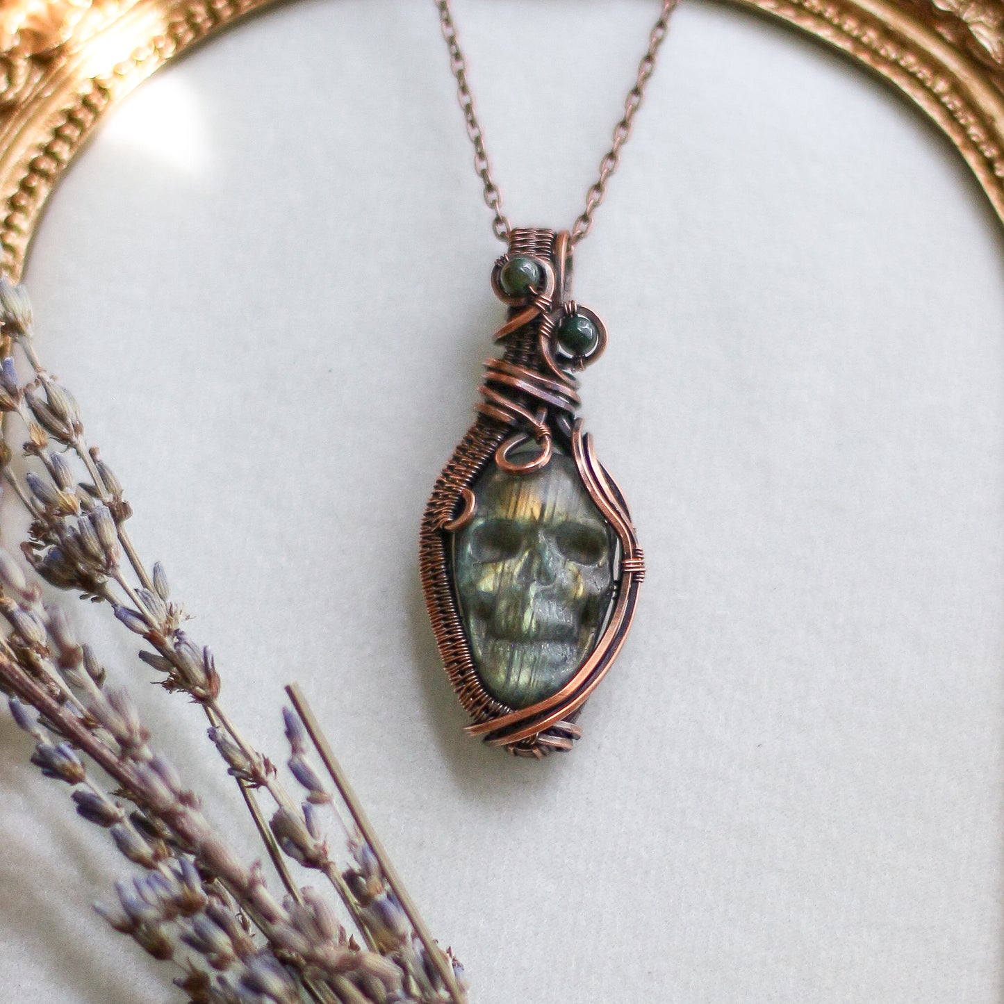 Labradorite & Aged Copper Skull Necklace