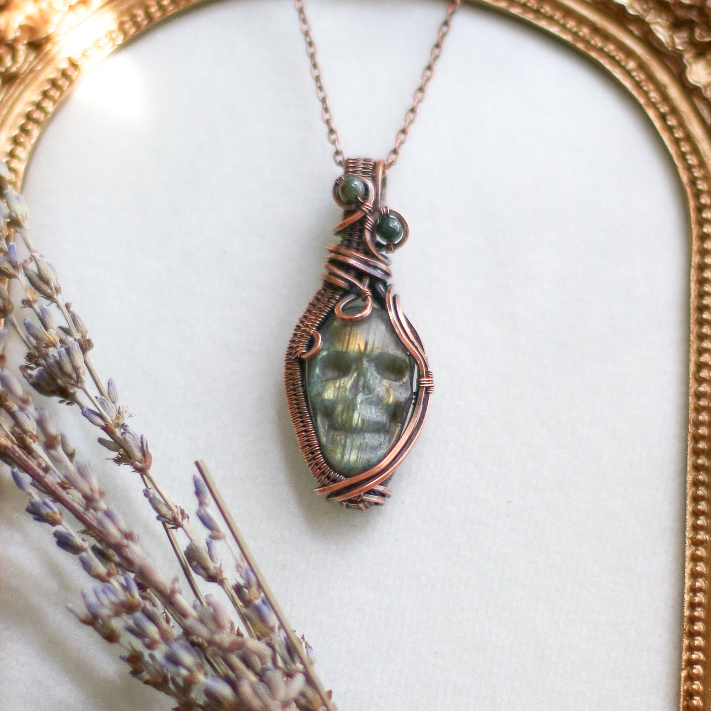 Labradorite & Aged Copper Skull Necklace