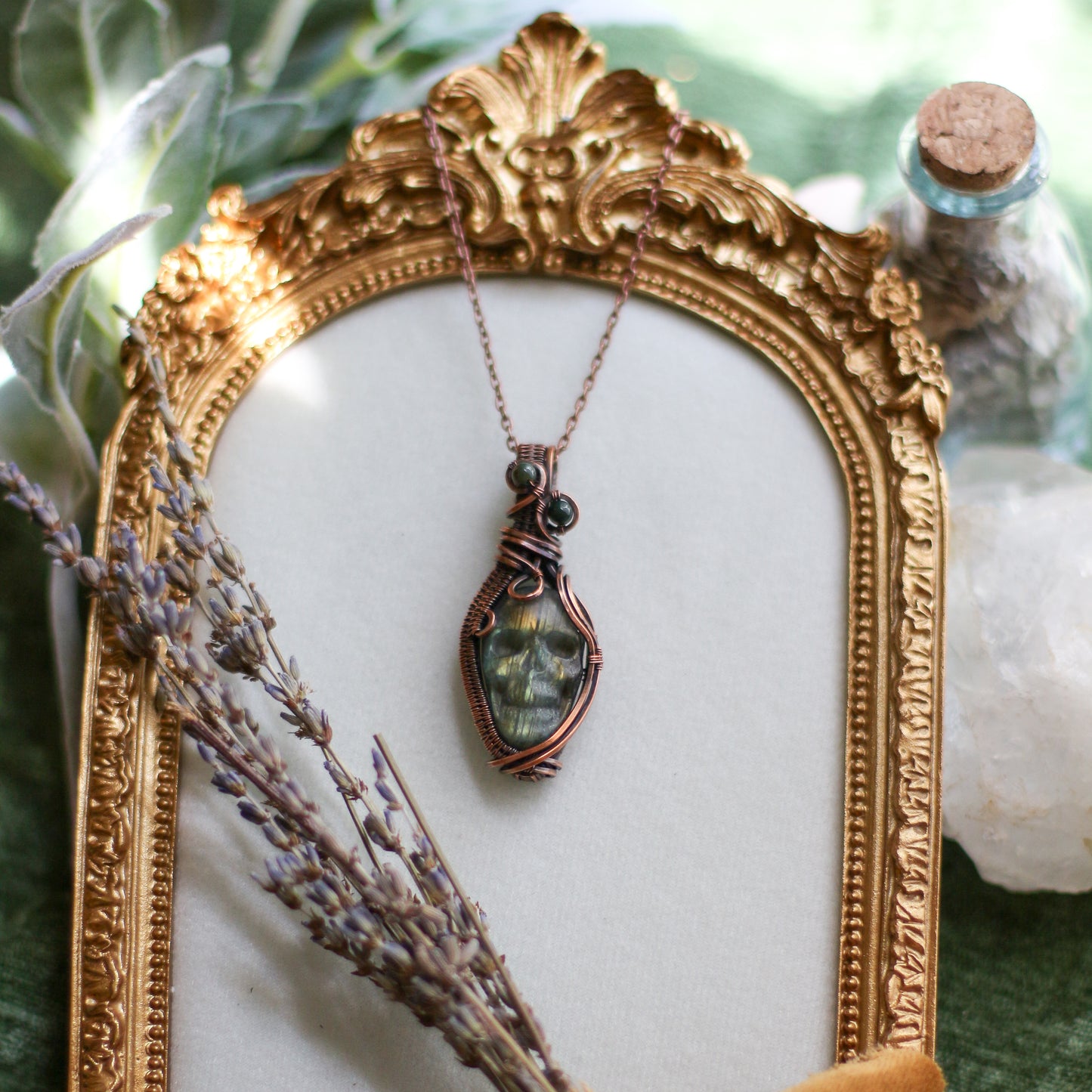 Labradorite & Aged Copper Skull Necklace