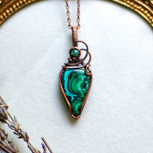 Malachite in Chrysocolla Necklace (Aged Copper)