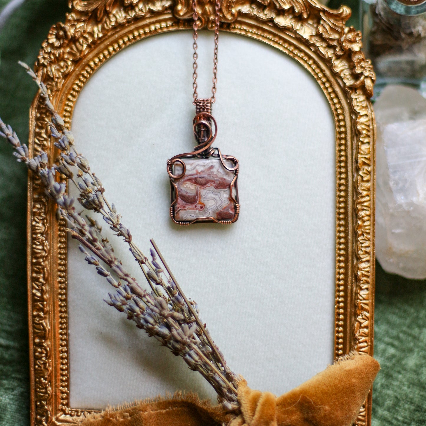 Crazy Lace Agate Square Necklace (Aged Copper)