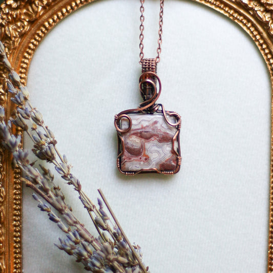 Crazy Lace Agate Square Necklace (Aged Copper)
