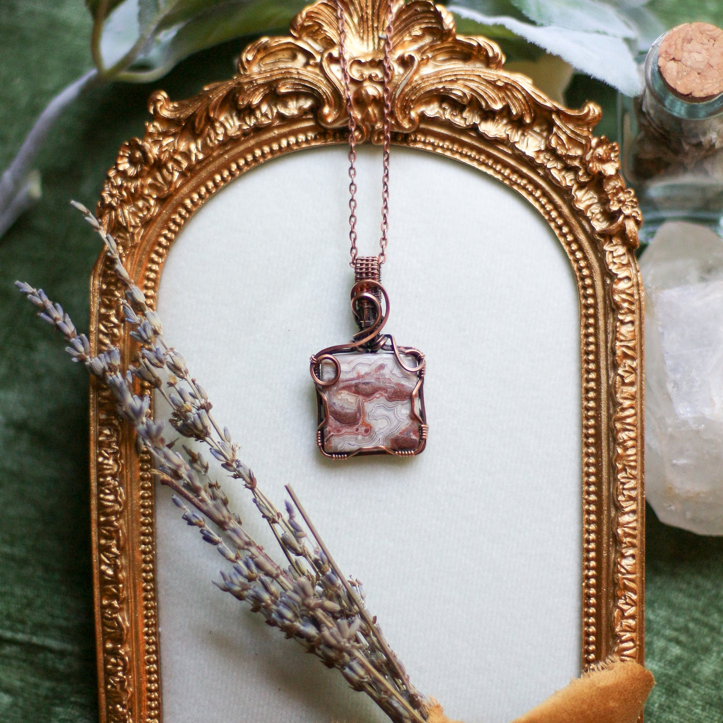 Crazy Lace Agate Square Necklace (Aged Copper)
