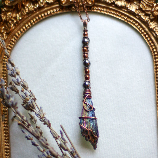 Aura Kyanite Witches Broom Necklace (Aged Copper)