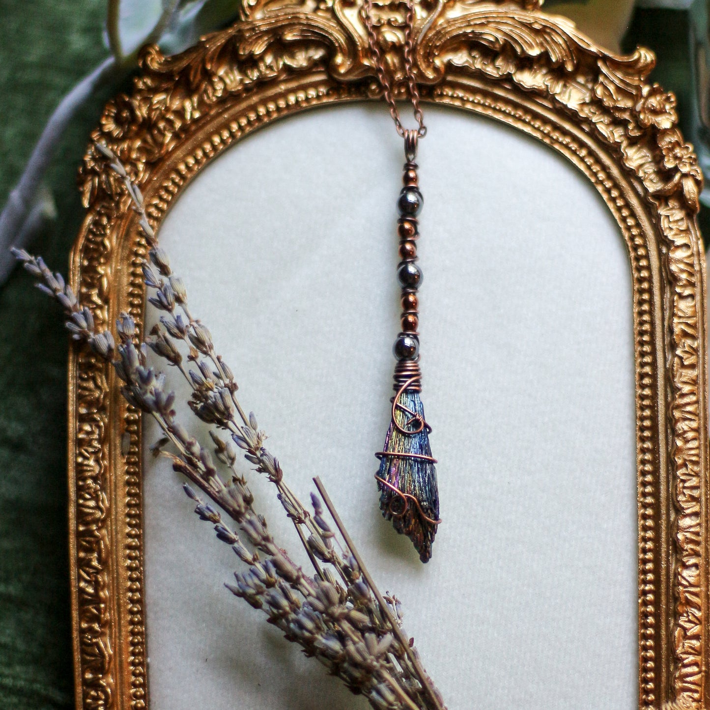 Aura Kyanite Witches Broom Necklace (Aged Copper)